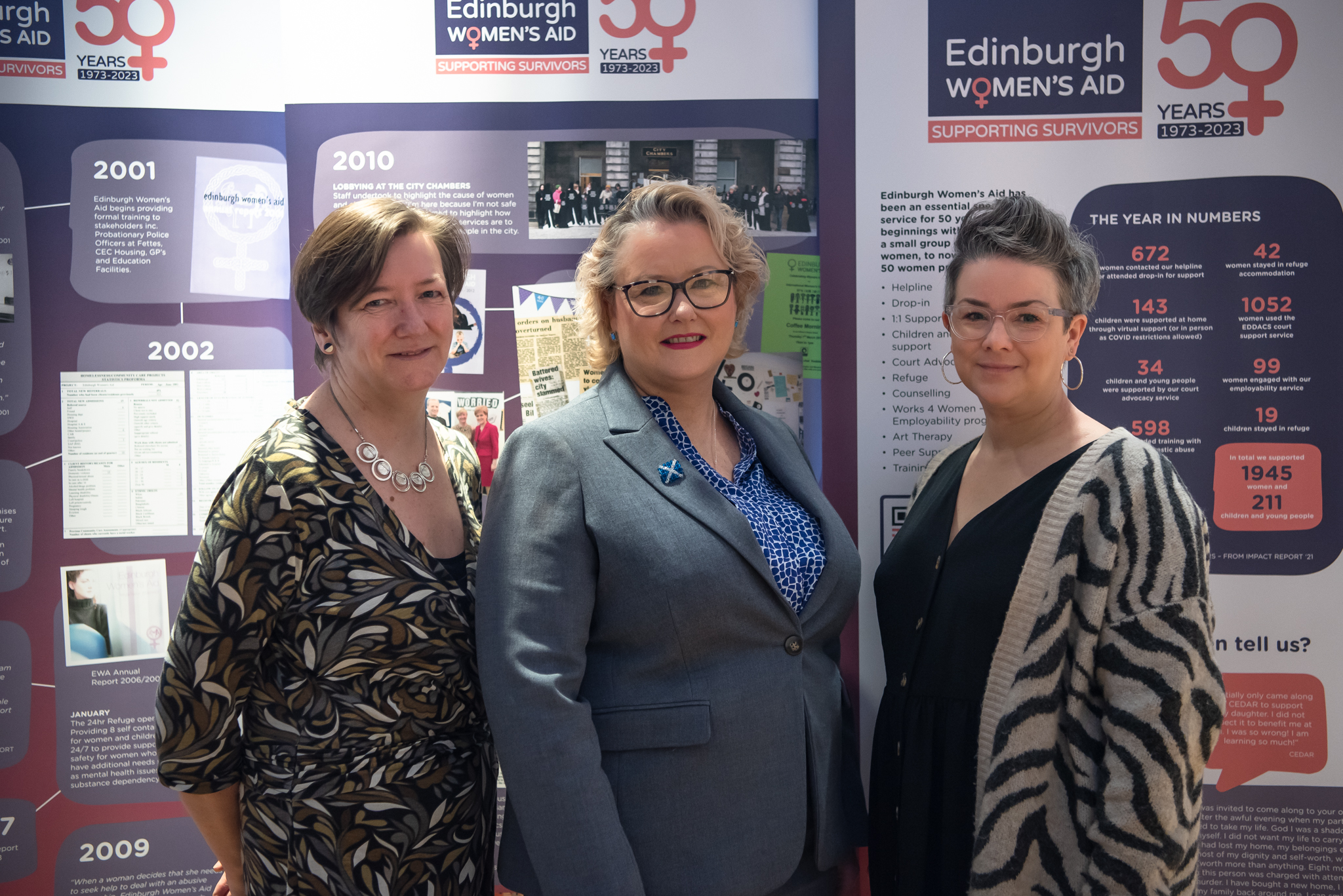 Linda Rodgers, CEO of EWA, MSP Christina McKelvie, Minister for Equalities and Older People. Morag Waller, Chair of Board of Trustees, EWA.